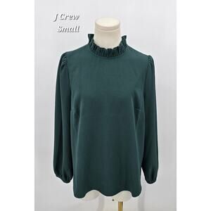 J.Crew Long Sleeve Ruffle Neck Crepe Top – Academic Green – Size Small